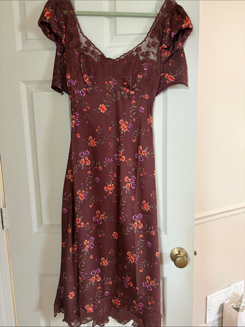 Free People Burgundy Floral Lace-Trim Midi Dress